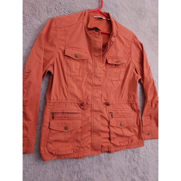 LL Bean Jacket Womens Medium Petite Utility Cargo Full Zip Pockets Salmon SPOTS - Picture 2 of 12